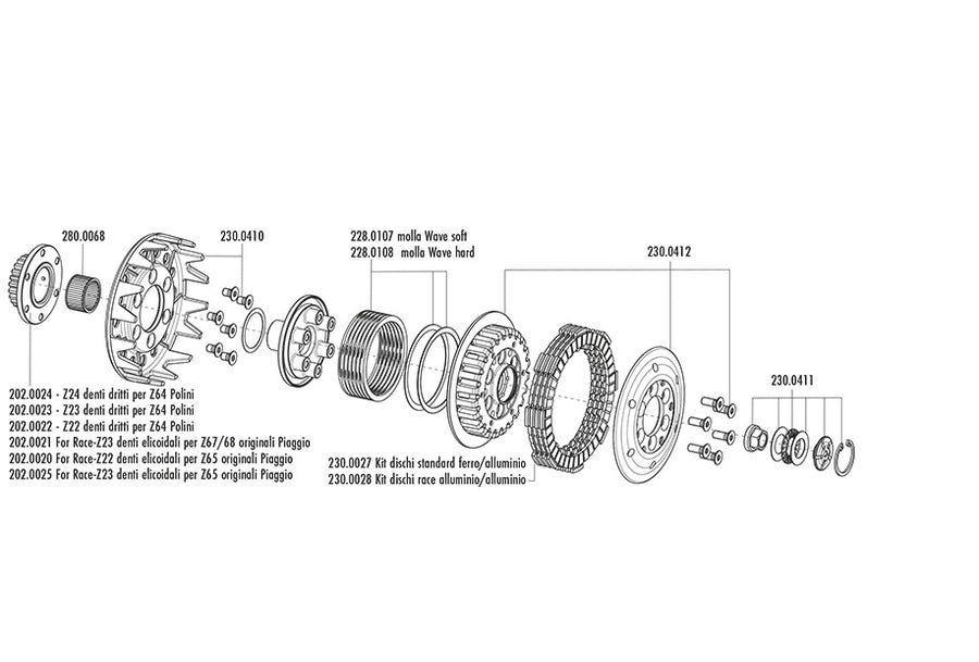 Vespa PX T 5 [1985-1993] - racing clutch med Z24 tannhjul rette tenner