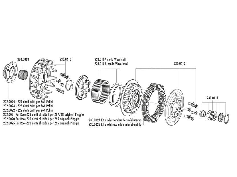 Vespa TS 125 [1977-1978] - racingclutch med Z23 tannhjul med spiralformede tenner