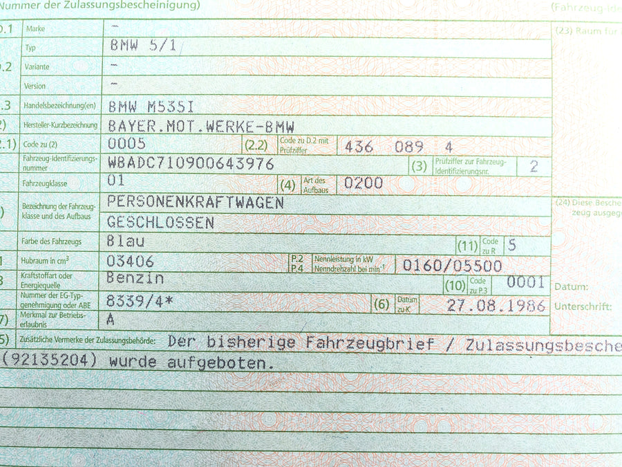BMW M 535i E28 [1986] - Radhaus med chassisnummer og papirer