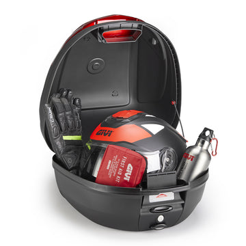 E300 - Monolock Topcase, 30 L., schwarz – mit rotem Reflektor, mit Platte u. Universalkit