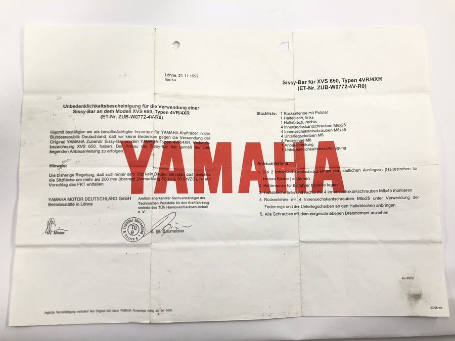 Yamaha XVS 650 4VR [1997] - Sissybar ryggstøttestøtte med sertifikat krom