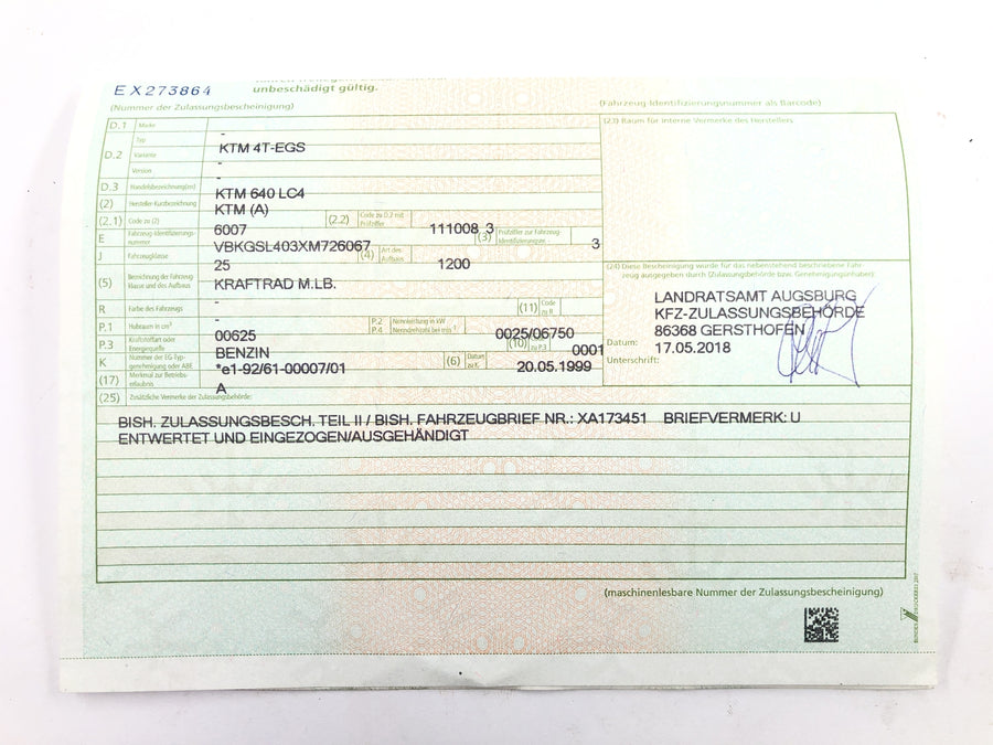 KTM 640 LC4 EGS [1999] - Ramme hovedramme med kjøretøys registreringsdokument